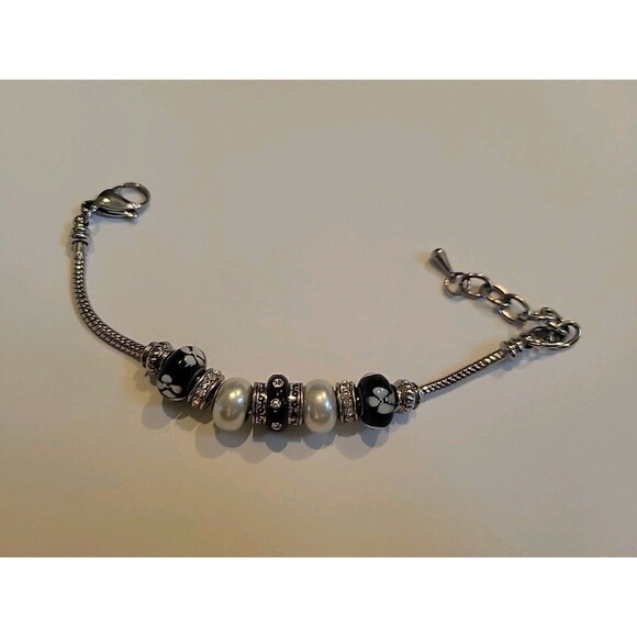 Bella Perlina Style Silvertone Bracelet Black Glass Rhinestone Pearlized Beads - Picture 4 of 5